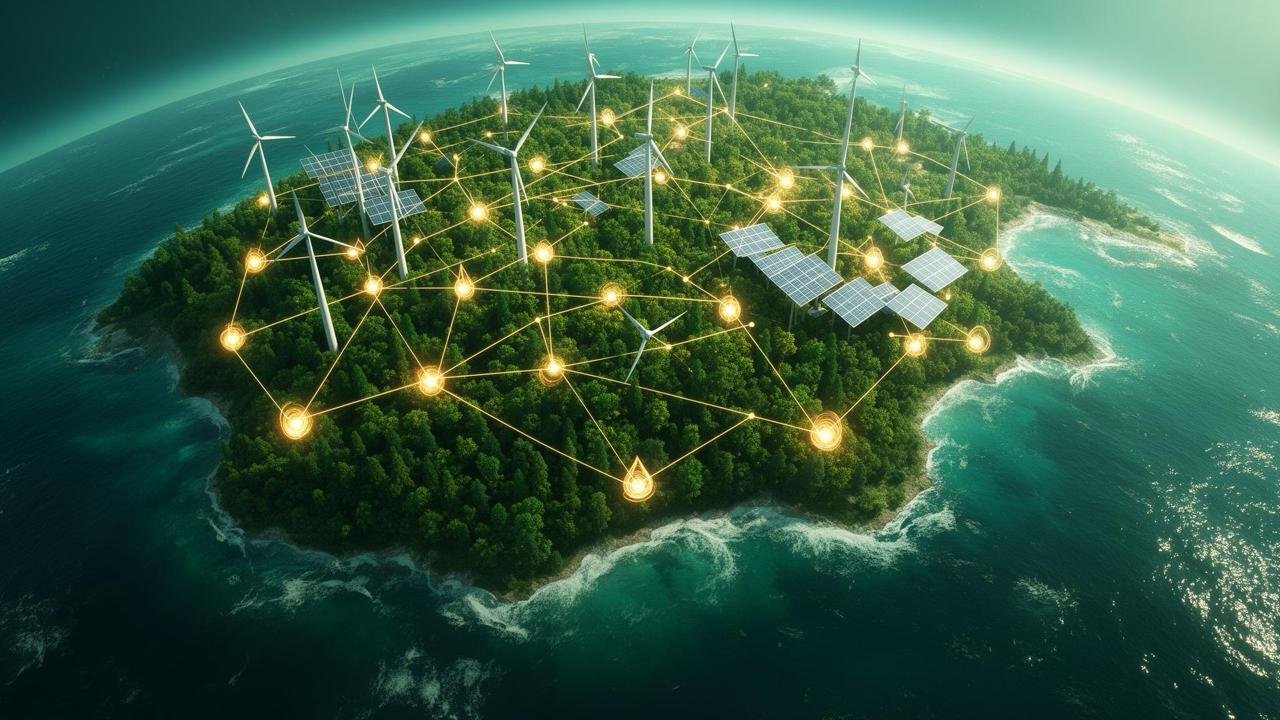 Aerial view of a green island powered by wind turbines and solar panels, connected by a glowing renewable-energy network